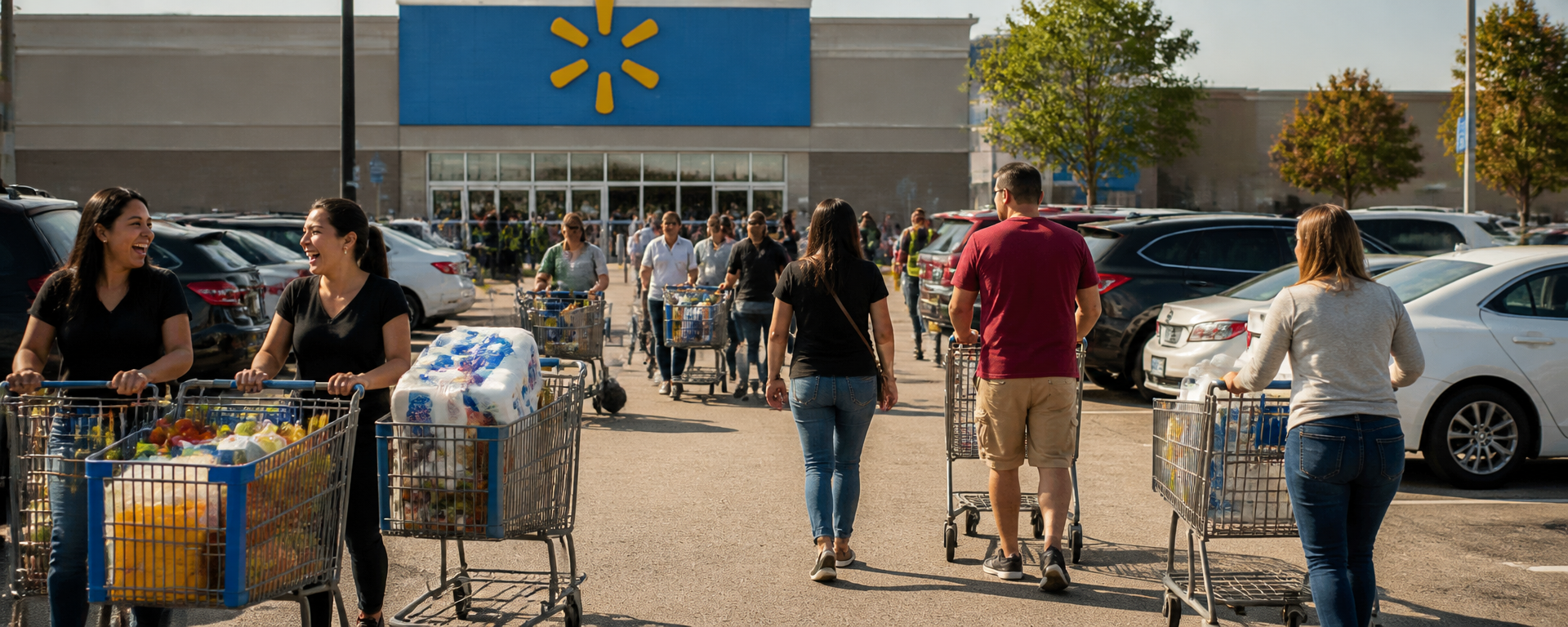 Happy shoppers with carts walking outside a Walmart store on a sunny day